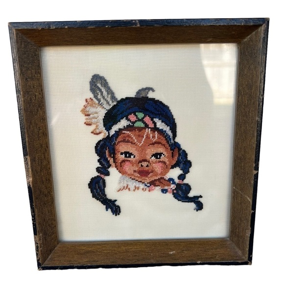 Vintage Petit Point Native American Girl Framed Portrait Needlepoint Art 5.5”x6” - Picture 2 of 5